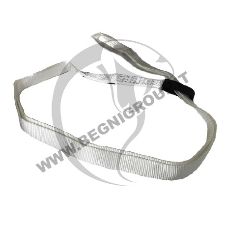 Asola con rinforzo di brache (cinghie / fasce) piatte in poliestere ad anello con asola di scorrimento per uso a cappio per sollevamento di fasci di prodotti siderurgici.