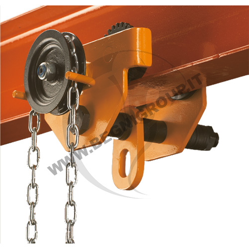 Carrello con traslazione a catena idoneo al fissaggio di paranchi su travi strutturali.
